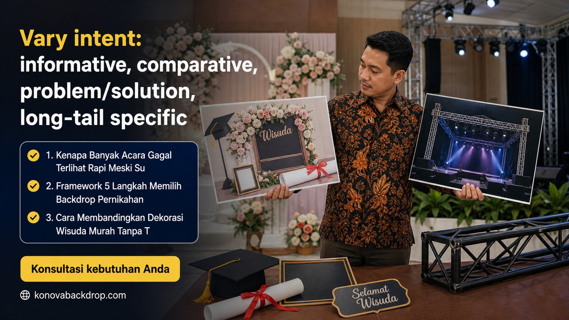 backdrop pernikahan Semarang - Vary intent: informative, comparative, problem/solution, long-tail specific