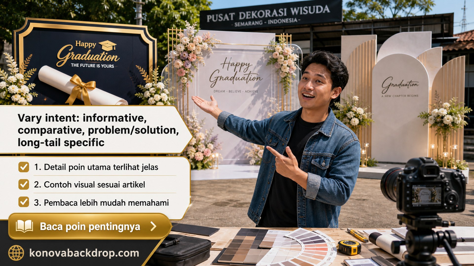 Ilustrasi backdrop pernikahan Semarang - Vary intent: informative, comparative, problem/solution, long-tail specific