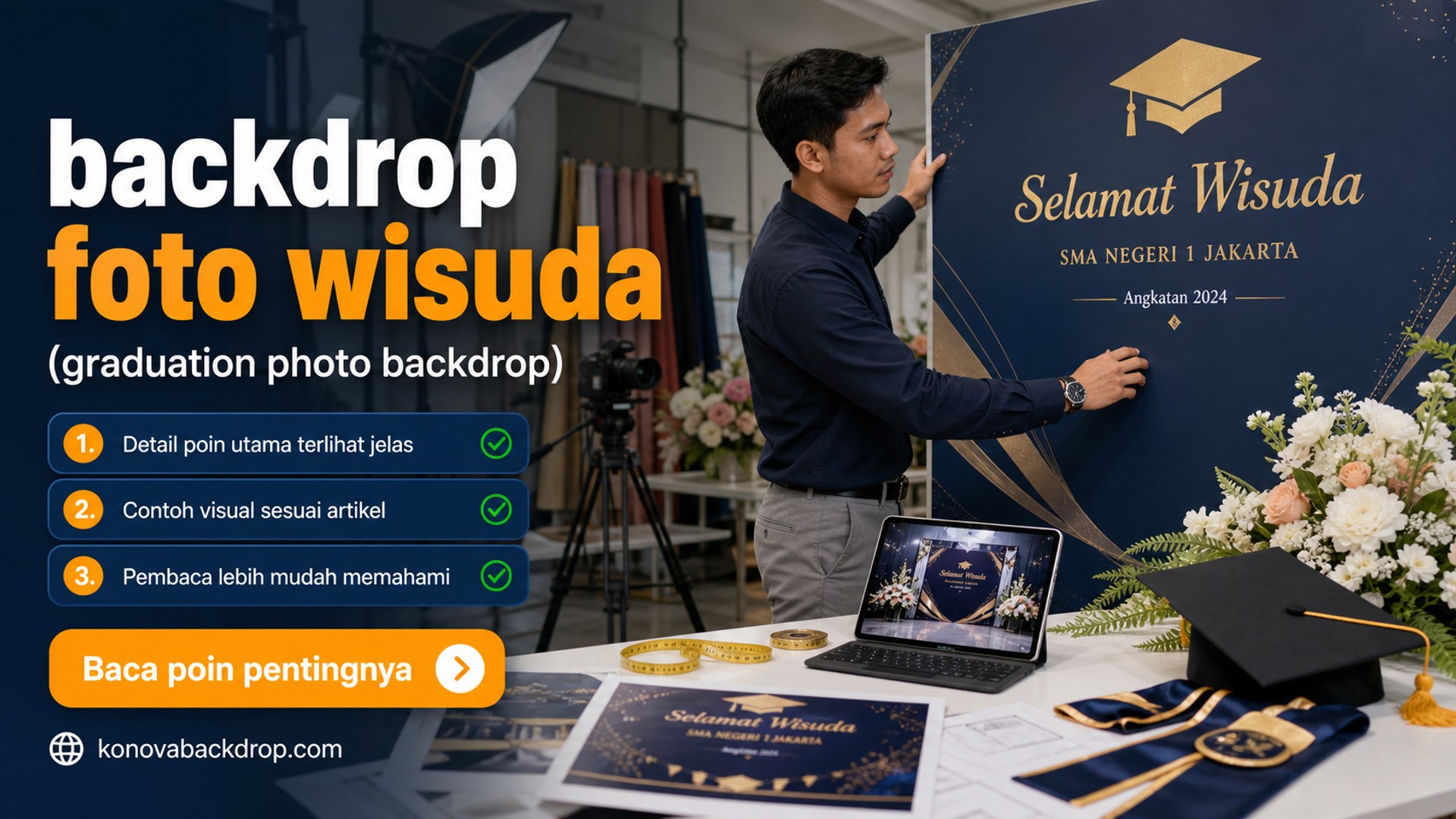 Ilustrasi backdrop pernikahan Semarang - backdrop foto wisuda (graduation photo backdrop)