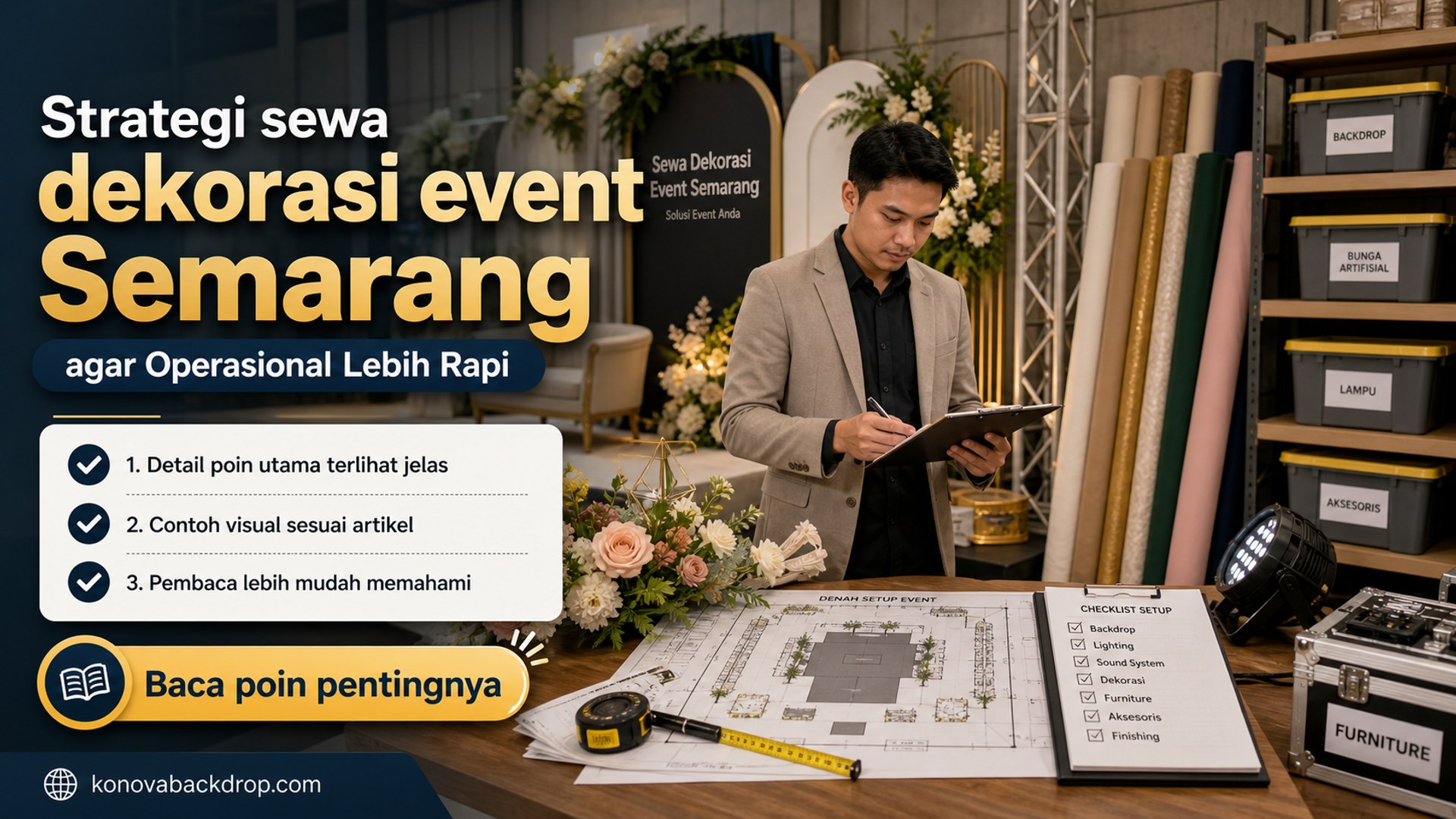 Ilustrasi backdrop pernikahan Semarang - Strategi sewa dekorasi event Semarang agar Operasional Lebih Rapi