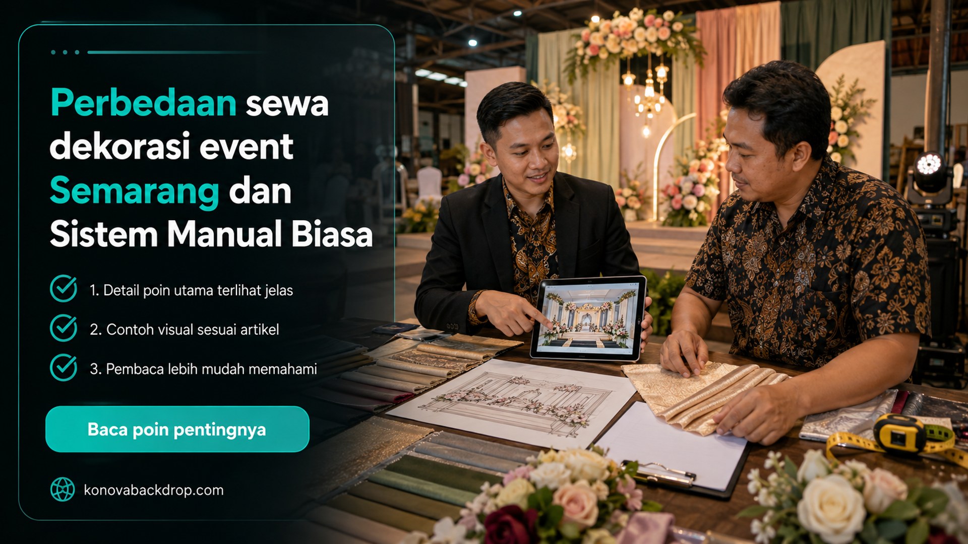 Ilustrasi backdrop pernikahan Semarang - Perbedaan sewa dekorasi event Semarang dan Sistem Manual Biasa