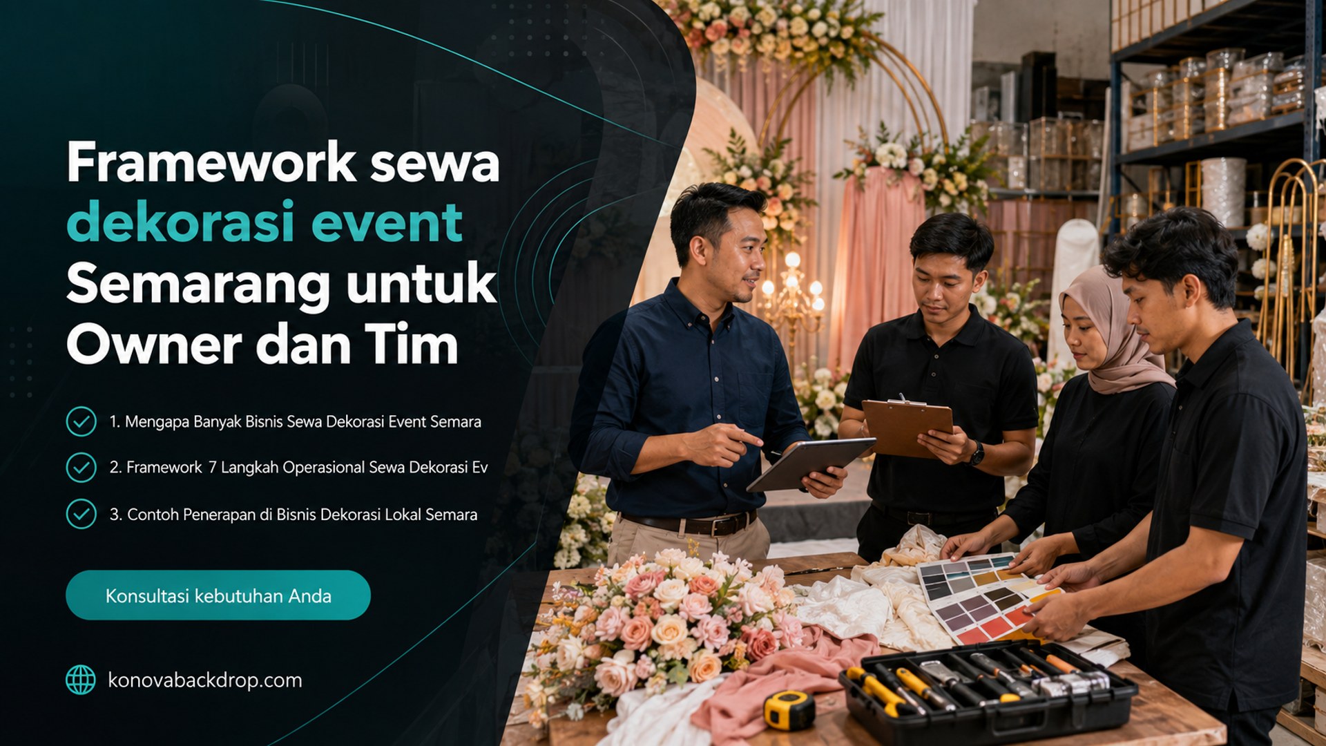 backdrop pernikahan Semarang - Framework sewa dekorasi event Semarang untuk Owner dan Tim