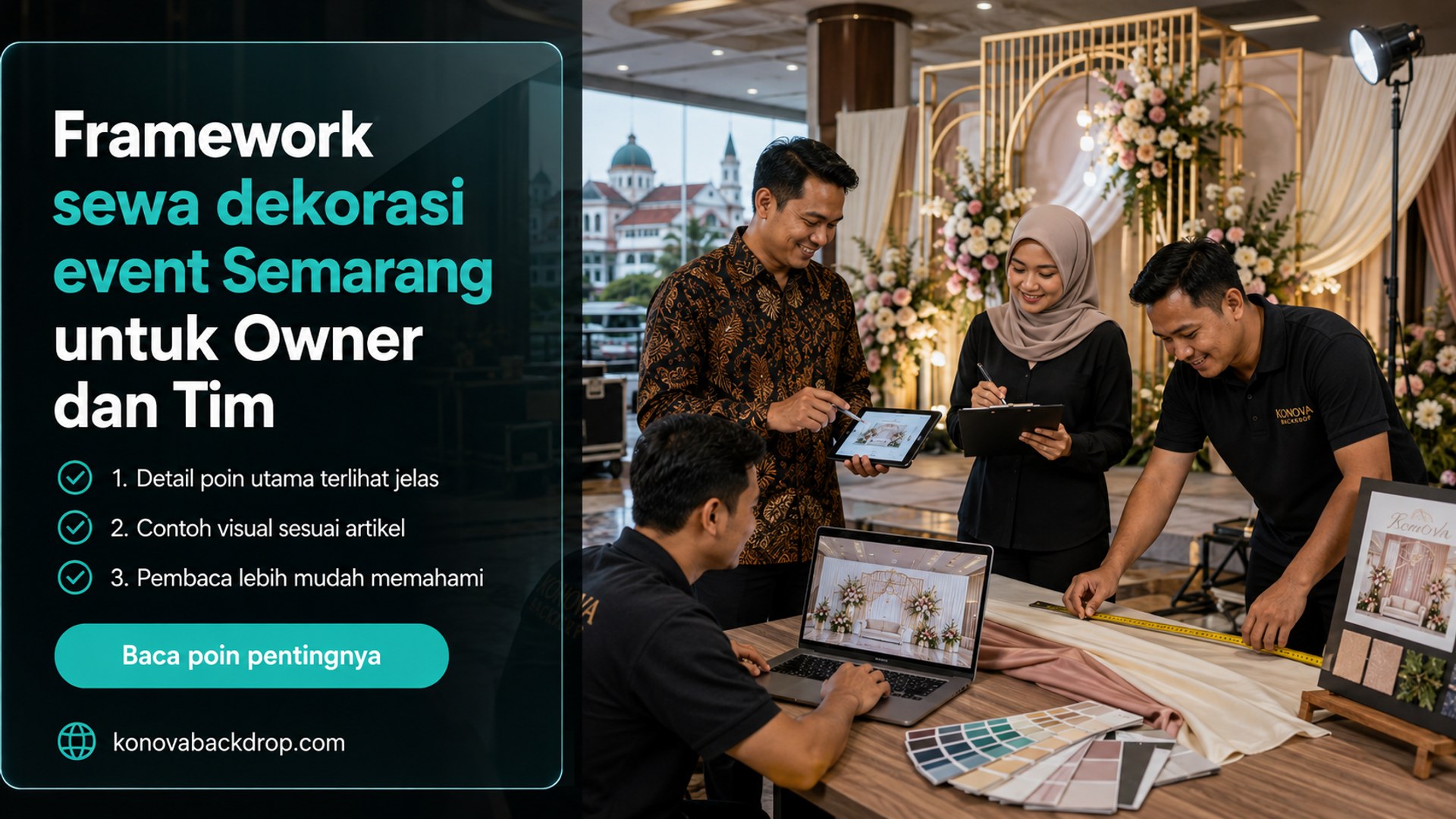 Ilustrasi backdrop pernikahan Semarang - Framework sewa dekorasi event Semarang untuk Owner dan Tim