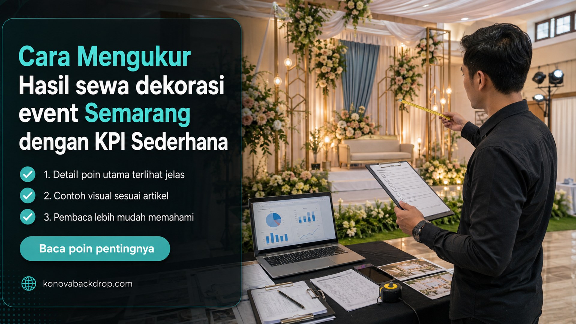 Ilustrasi backdrop pernikahan Semarang - Cara Mengukur Hasil sewa dekorasi event Semarang dengan KPI Sederhana