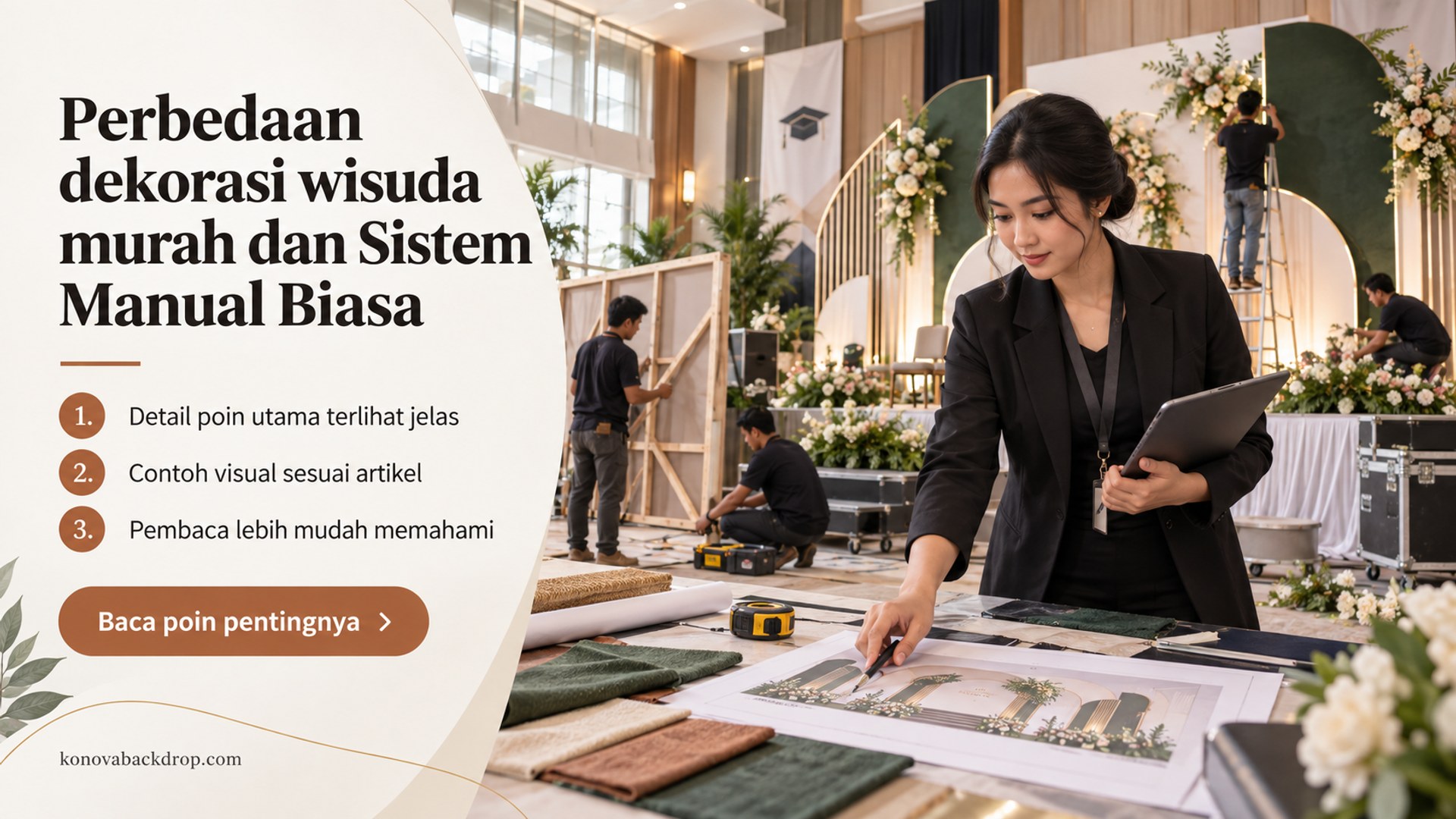 Ilustrasi backdrop pernikahan Semarang - Perbedaan dekorasi wisuda murah dan Sistem Manual Biasa