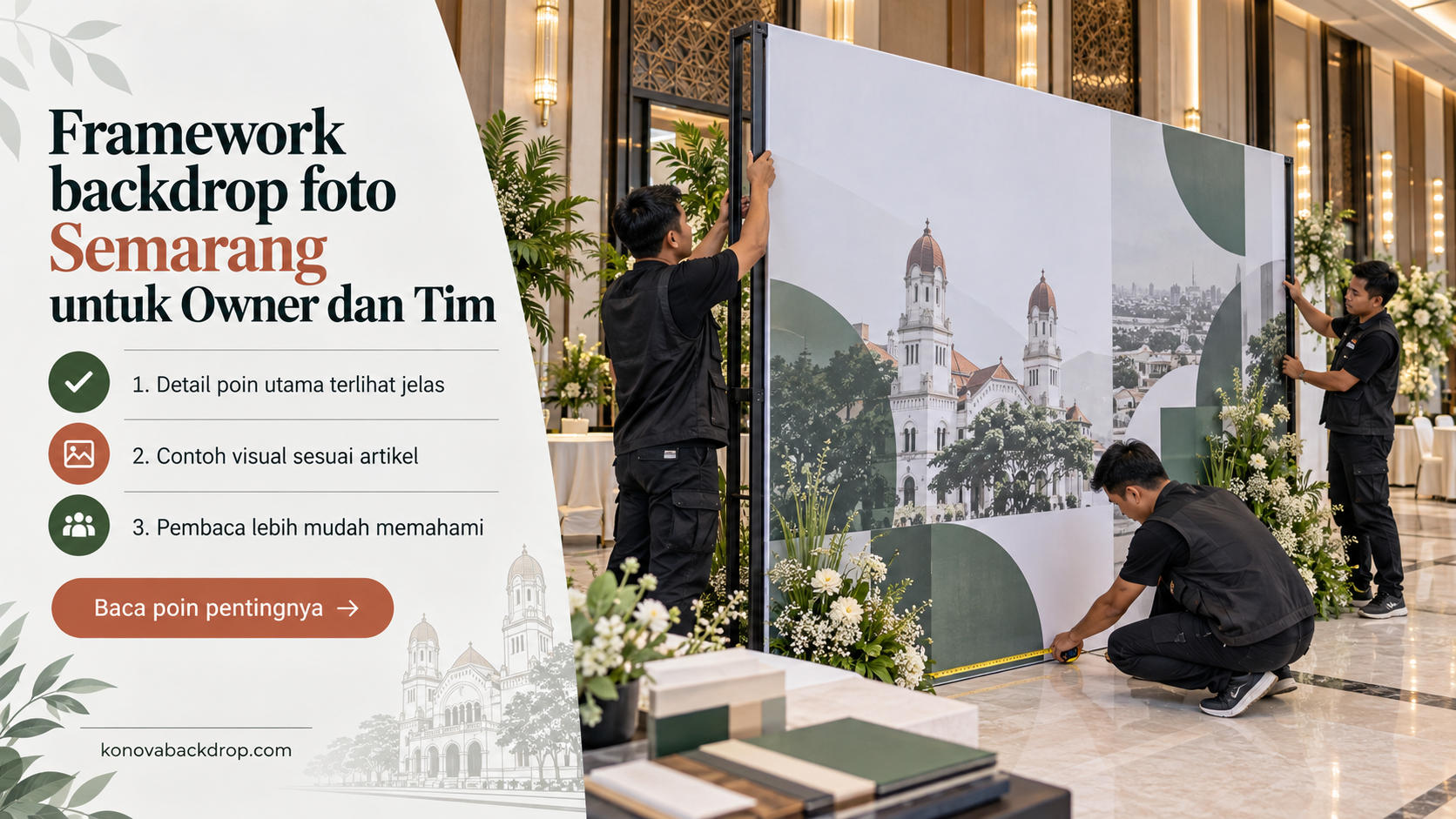 Ilustrasi backdrop pernikahan Semarang - Framework backdrop foto Semarang untuk Owner dan Tim