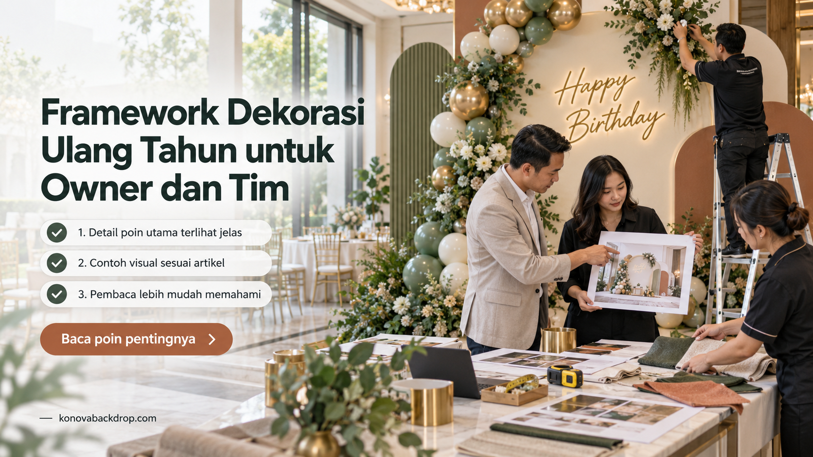Ilustrasi backdrop pernikahan Semarang - Framework Dekorasi Ulang Tahun untuk Owner dan Tim